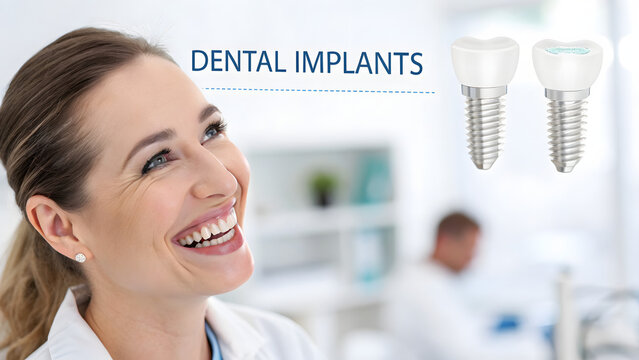 Happy woman smiling and showing off dental implants