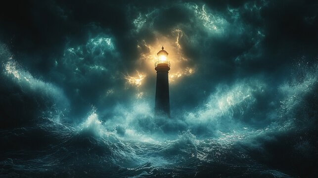 A lighthouse towers over a turbulent sea, its beam cutting through dark clouds and choppy waves, standing as a beacon of hope and safety amidst the chaos.