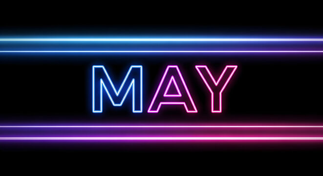 Neon 'may' text with vibrant light streaks a modern calendar display