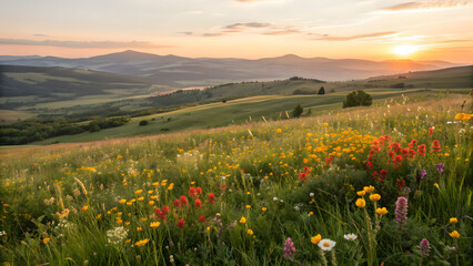 Fototapeta premium A colorful wildflower meadow landscape under a beautiful sunset