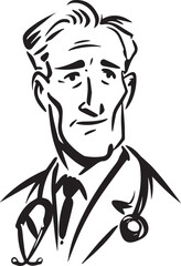 Obraz premium Hand Drawn Elderly Male Doctor Black and White Illustration in Minimal Line Art Style Design