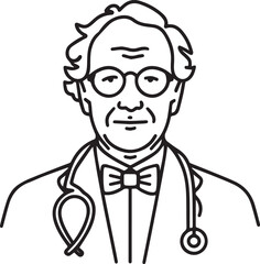 Obraz premium Hand Drawn Elderly Male Doctor Black and White Illustration in Minimal Line Art Style Design
