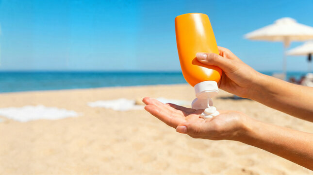 Person pouring sunscreen into palm at the beach on sunny day  