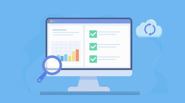 Flat animated video of a desktop monitor displaying a checklist dashboard with charts, search magnifier, and cloud sync icon, representing data synchronization, task management, and online workflow.