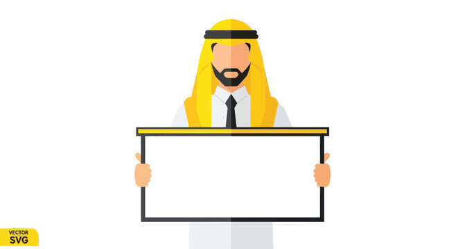 Arab Man Holding Blank Sign Board, Traditional Clothing, White Background