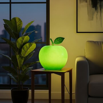 Glowing Green Apple Lamp Illuminates Cozy Living Room Corner with Soft Ambient Light.