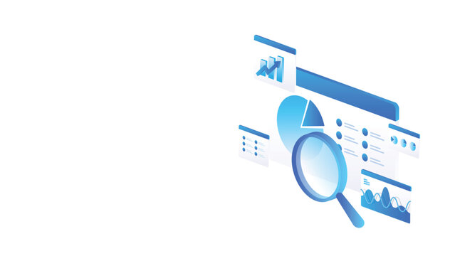 Isometric stock market dashboard data analysis with magnifying glass, charts, and financial insight in blue digital style.