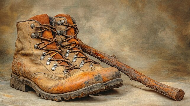 Worn hiking boots with laces and metal eyelets sit beside a sturdy walking stick on a rustic background, evoking a sense of adventure and outdoor exploration.