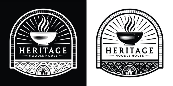 Vintage inspired logo design with a steaming bowl of noodles and traditional elements perfect for a heritage noodle house.