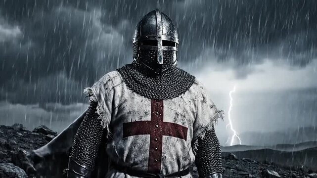 A knight in shining armor stands strong in the stormy weather, a symbol of courage and honor in a dramatic video.