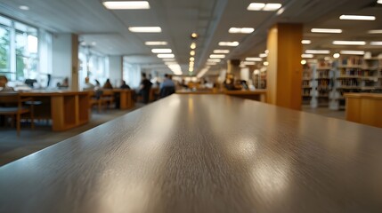 Fototapeta premium A close up of an empty wooden table in a quiet modern library with blurred students and bookshelves in the background