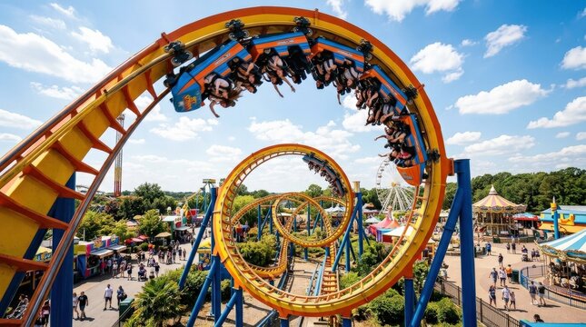 Colorful looping roller coaster under bright sunny sky, dynamic curves and thrilling motion captured mid-action, amusement park excitement with vibrant tones, cinematic perspective, shot on Canon EOS