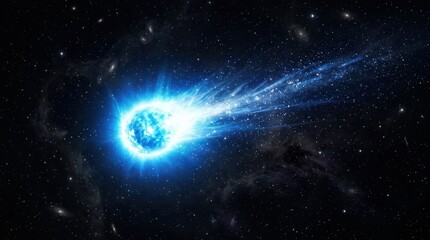 Fototapeta premium Bright radiant celestial body resembling a comet or star, intense blue glow piercing surrounding darkness, subtle gaseous halo and fine particles, minimalist cosmic drama, photorealistic deep-space