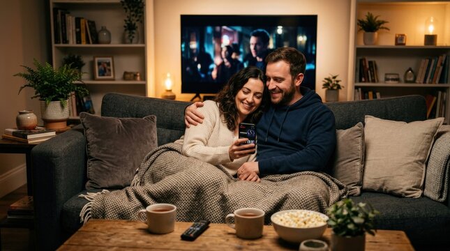 Happy couple relaxing on a cozy sofa watching television, soft ambient lighting in a modern living room, one holding a smartphone while browsing streaming content, relaxed posture and affectionate