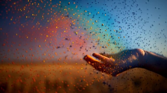 Hand holding vibrant colorful powder explosion a dynamic abstract image symbolizing creativity innovation transformation and celebration against a warm sunset backdrop