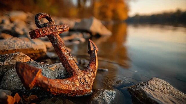 A weathered anchor sits on rocks by calm water, evoking feelings of stability, resilience, and a nostalgic, tranquil atmosphere. Ideal for travel, coa