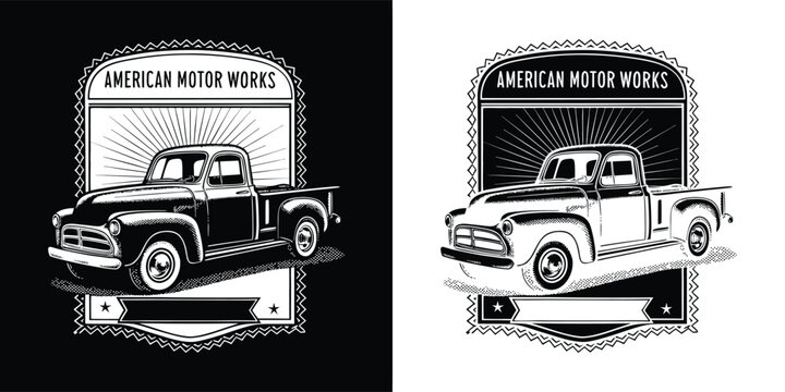 Vintage American motor works emblem featuring a classic pickup truck in detailed black and white engraving style