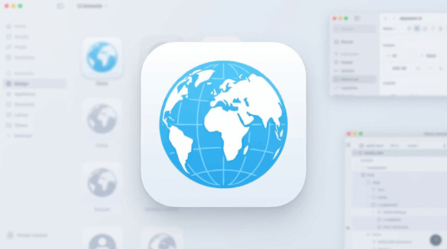 A blue globe icon on a white square button on a computer screen