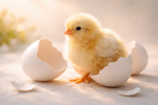 Newborn chick exploring cracked eggshells , generated, AI