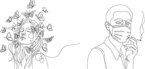 Obraz premium Abstract continuous line art illustration of woman with butterflies and man wearing mask smoking, modern conceptual drawing for beauty, lifestyle and social awareness themes