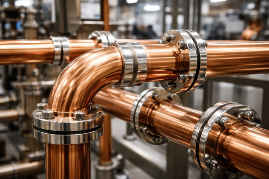 Close up of polished copper pipes and steel flanges in a modern industrial brewery or chemical factory
