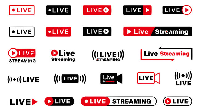 Live streaming icons, social media live badges, video broadcast labels, live stream graphics, online broadcast symbols isolated on White Background