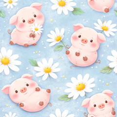 Playful pink piglets with daisies pattern , generated, AI © Дмитрий Ульянов