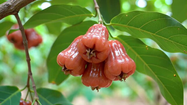 Closeup of ripe red rose apples hanging from a tree branch.
