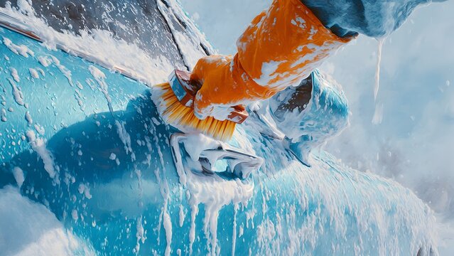 Extreme macro of orange gloves cleaning chrome‑trimmed blue car handle with yellow brush and heavy foam