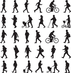 Obraz premium Diverse silhouettes of people engaging in various daily activities and modes of transport