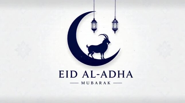 Elegant graphic design celebrating Eid al-Adha, showcasing a crescent moon, a majestic goat silhouette, and traditional lanterns for festive greetings