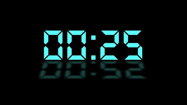 Countdown Digital Clock Animation 30 to 0 second on black background. Countdown digital clock timer. Animation of glowing 30 to 0 second countdown timer 4k video 30 Seconds countdown. Stopwatch