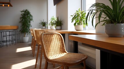 Fototapeta premium Sunlit cafe interior featuring natural wood tables wicker chairs and vibrant potted plants by the large window