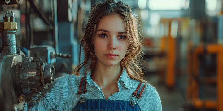 A female factory worker in overalls, leaning against machinery with a tired and hopeless expression.
