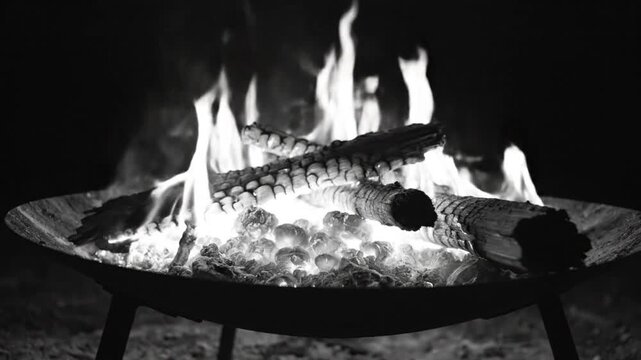 Black and white video of a crackling fire in a metal fire pit at night with glowing embers and dancing flames.