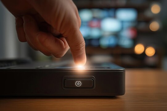 Close-up of a hand pressing a power button on a black electronic device in a softly lit indoor setting