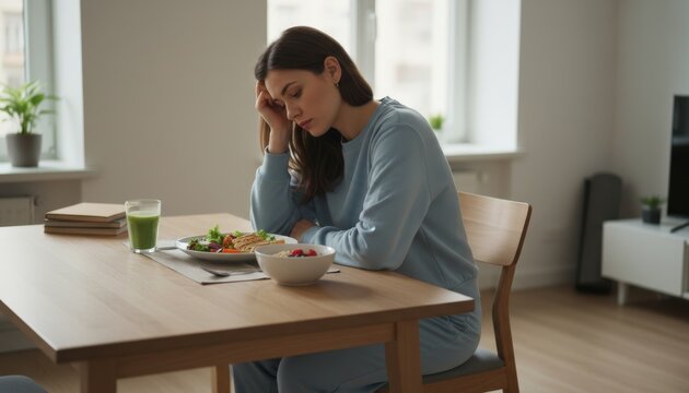 Slow metabolism illustrated by a tired woman eating alone in a bright quiet home interior