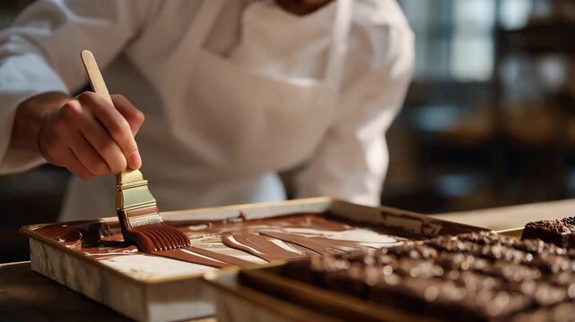 Chocolatier using palette knife to create marbled pattern on ganache surface in temperature-controlled production room with rows of finished truffle boxes ready for Eid celebration_3