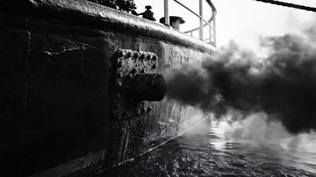 Black and white close up of a boat exhaust emitting dark smoke into calm water on an overcast day