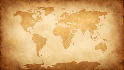 Vintage world map on aged parchment paper with sepia tones and distressed border, symbolizing history, travel, and exploration © Sabbir Media