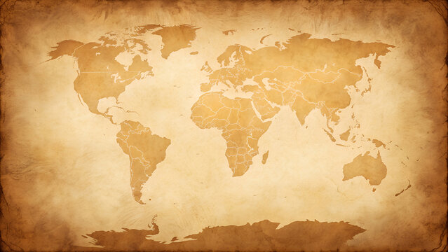 Vintage world map on aged parchment paper with sepia tones and distressed border, symbolizing history, travel, and exploration