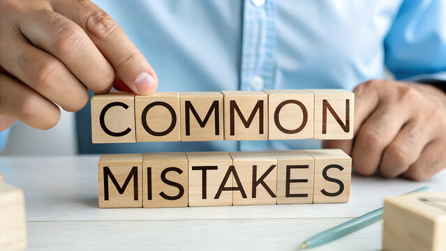 Businessman arranging wooden blocks spelling out common mistakes concept for business learning and error avoidance strategy