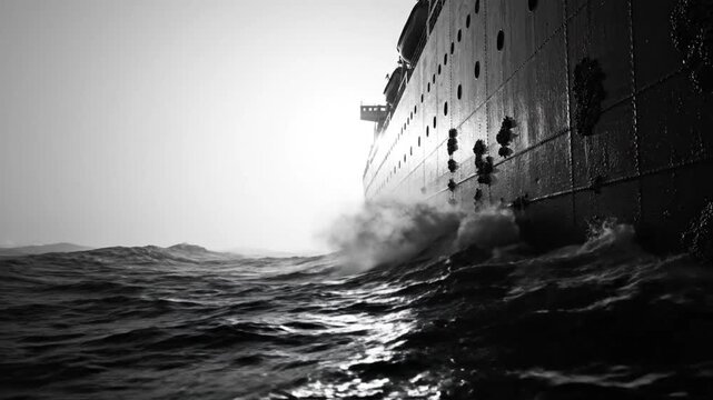 Black and white shot of a large ship sailing through rough ocean waters with waves crashing against its side and a moody, atmospheric ambiance.