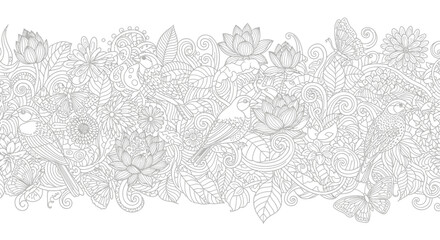 Intricate Floral Border Design with Birds and Butterflies - Line Art © Arsyadia