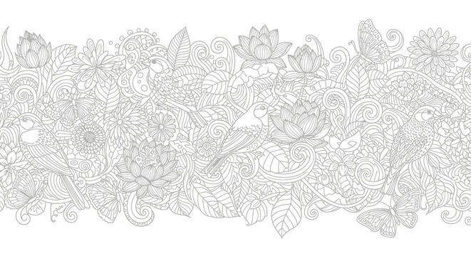 Intricate Floral Border Design with Birds and Butterflies - Line Art