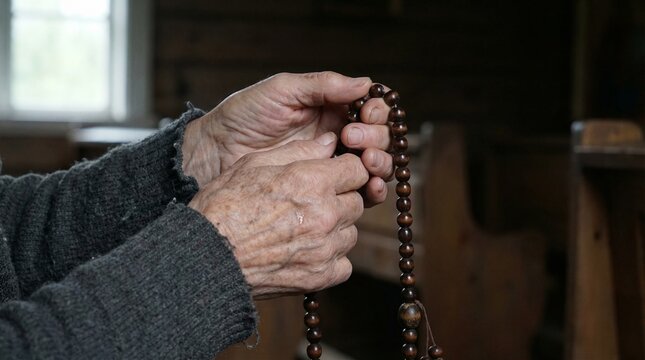 Elderly person's hands holding mourner prayer beads in dim room  