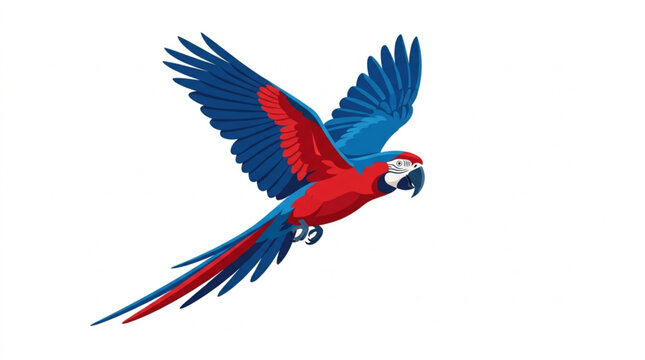 Red and blue macaw parrot flying isolated on white background