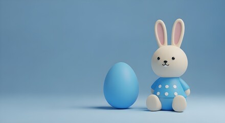 Obraz premium Cute 3d easter bunny toy sitting next to a blue egg on a solid blue background