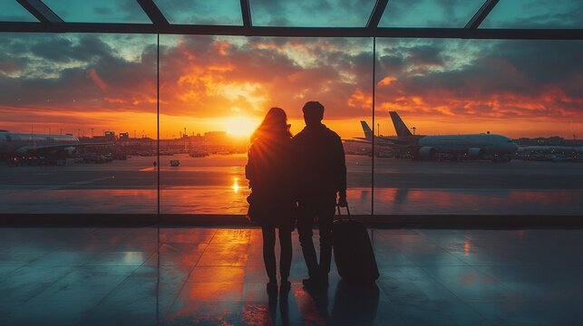 A couple shares an emotional goodbye at an airport as a vibrant sunset glows behind them, marking a poignant moment of farewell amidst travel and departure.
