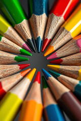 Fototapeta premium Extreme macro of sharpened colored pencils tips forming a perfect circle, with shallow depth of field, showcasing vibrant pigments, hyper realistic texture, and ultra sharp focus